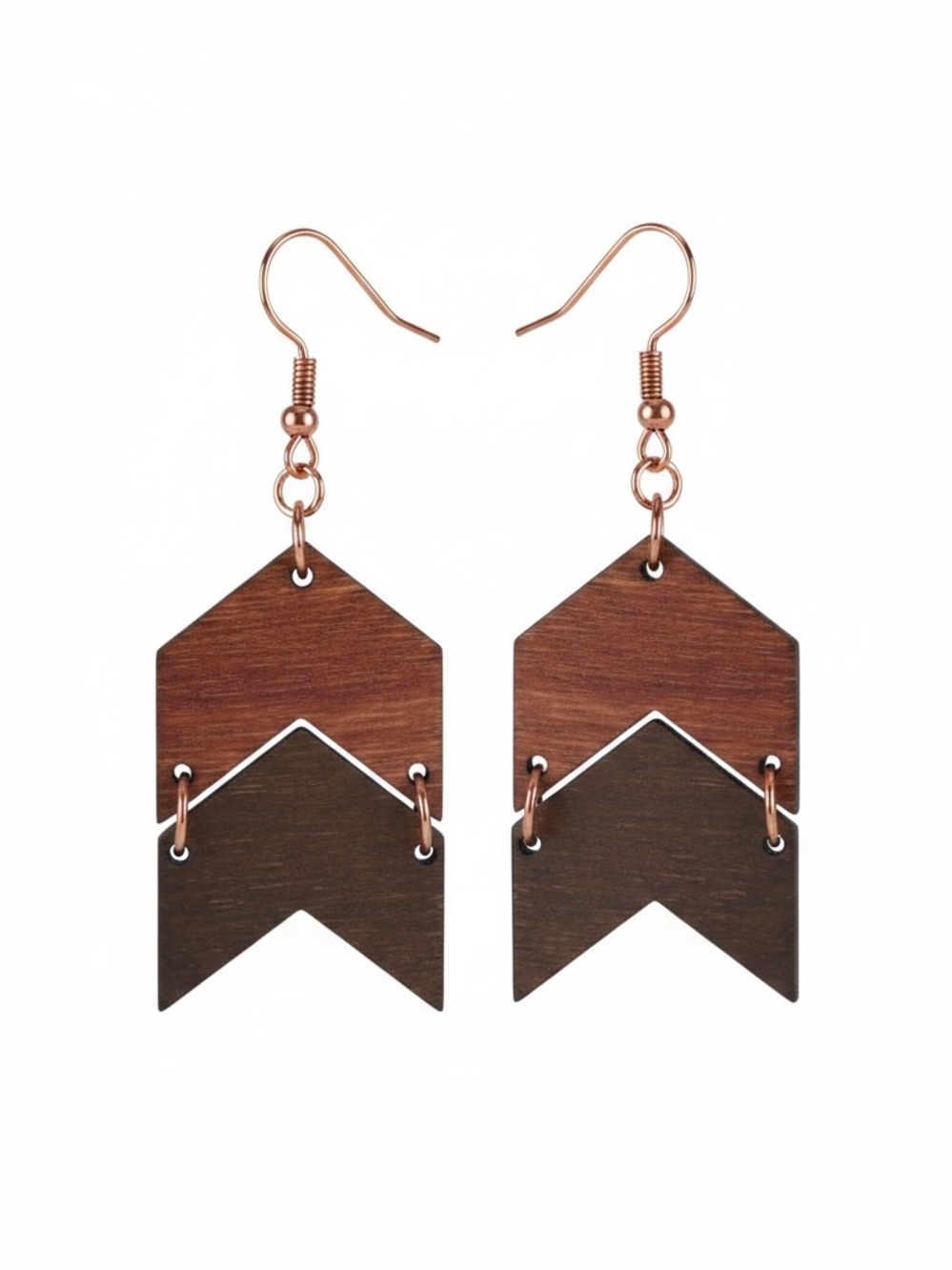 Geometric Double Chevron Wood Dangle Earrings - Brown